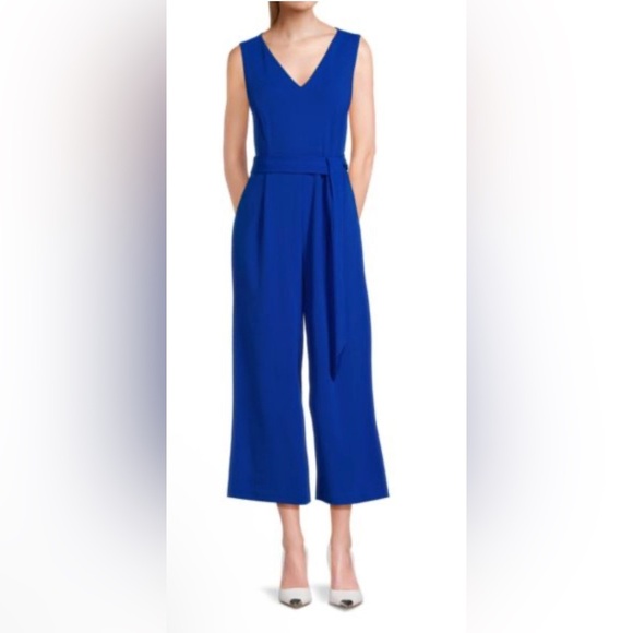 CALVIN KLEIN Blue Cropped Belted Jumpsuit Size 10 NWT - Picture 1 of 6